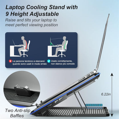 Laptop Cooling Pad with 6 Fans, Adjustable Height Notebook Cooler for 15-17 Inch Laptops, Ideal for Desk and Lap Use