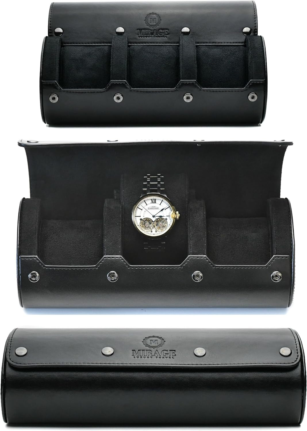 Elegant 3-Compartment Travel Watch Case - Premium Vegan Leather Organizer for Men - Perfect for Collectors and Enthusiasts