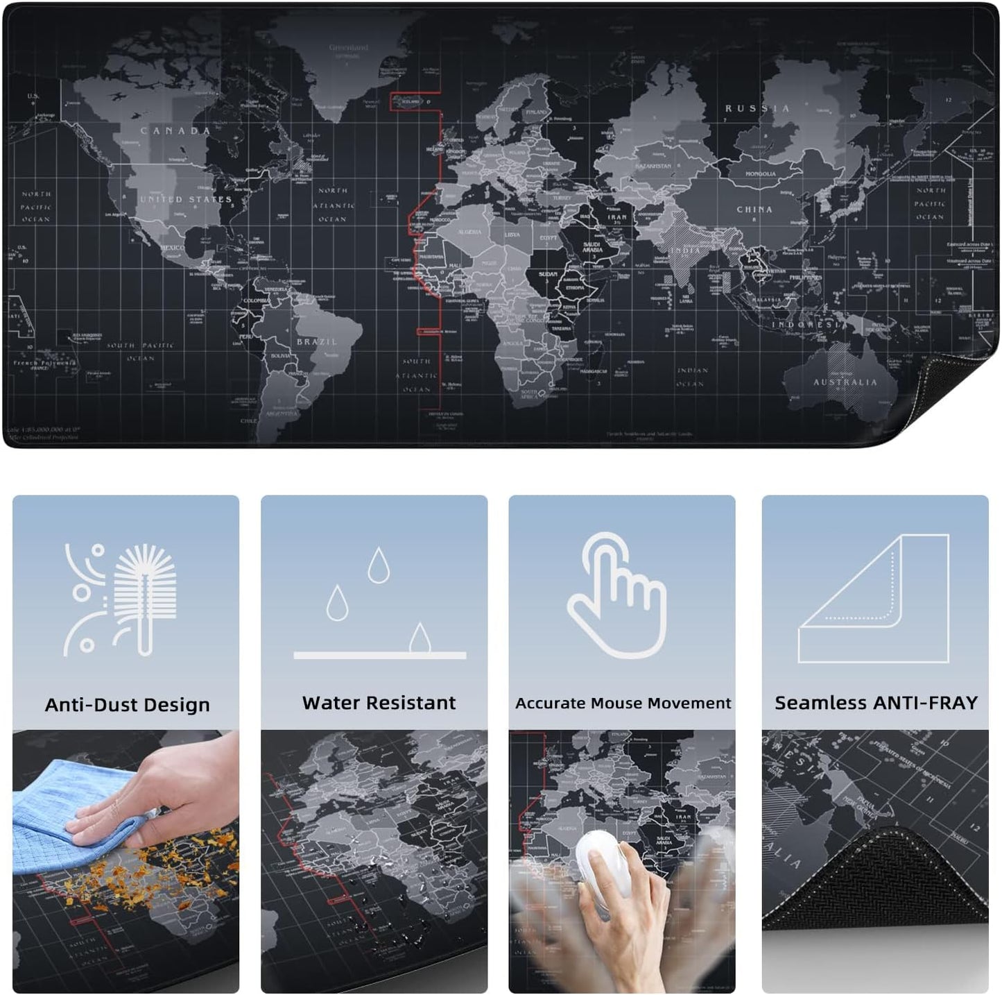 5-in-1 Ergonomic Keyboard and Mouse Pad Set with Wrist Support - Extended Gaming Mouse Pad and Keyboard Wrist Rest Combo (34.5 x 15.7 in) - Black World Map Design