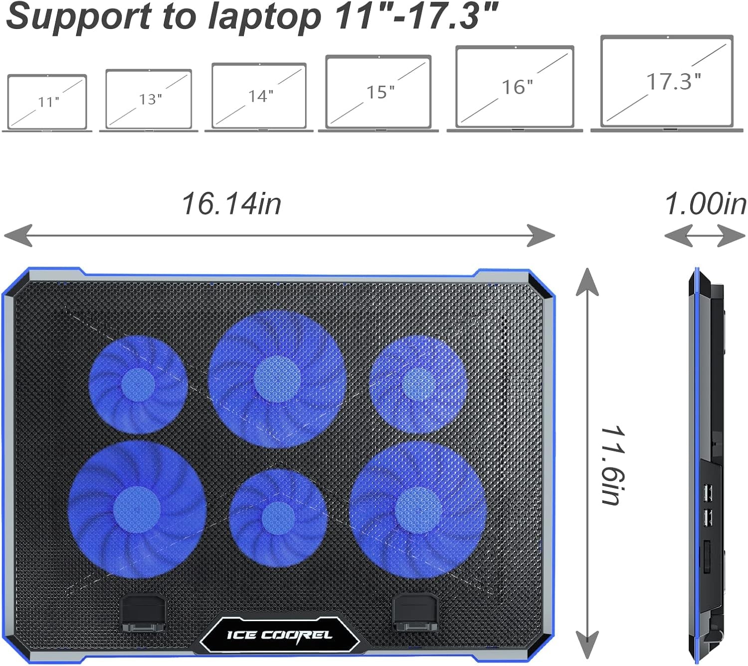 Laptop Cooling Pad with 6 Fans, Adjustable Height Notebook Cooler for 15-17 Inch Laptops, Ideal for Desk and Lap Use