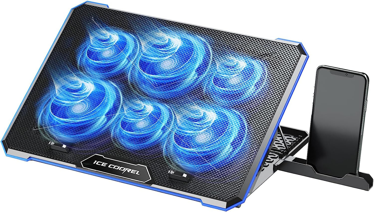 Laptop Cooling Pad with 6 Fans, Adjustable Height Notebook Cooler for 15-17 Inch Laptops, Ideal for Desk and Lap Use