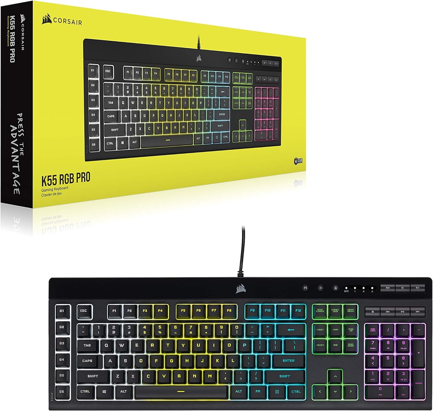 K55 RGB Pro Gaming Keyboard - Dynamic RGB Backlighting, Six Macro Keys with Elgato Stream Deck Integration, IP42 Dust and Spill Resistance, Detachable Palm Rest, Dedicated Media and Volume Controls, Black