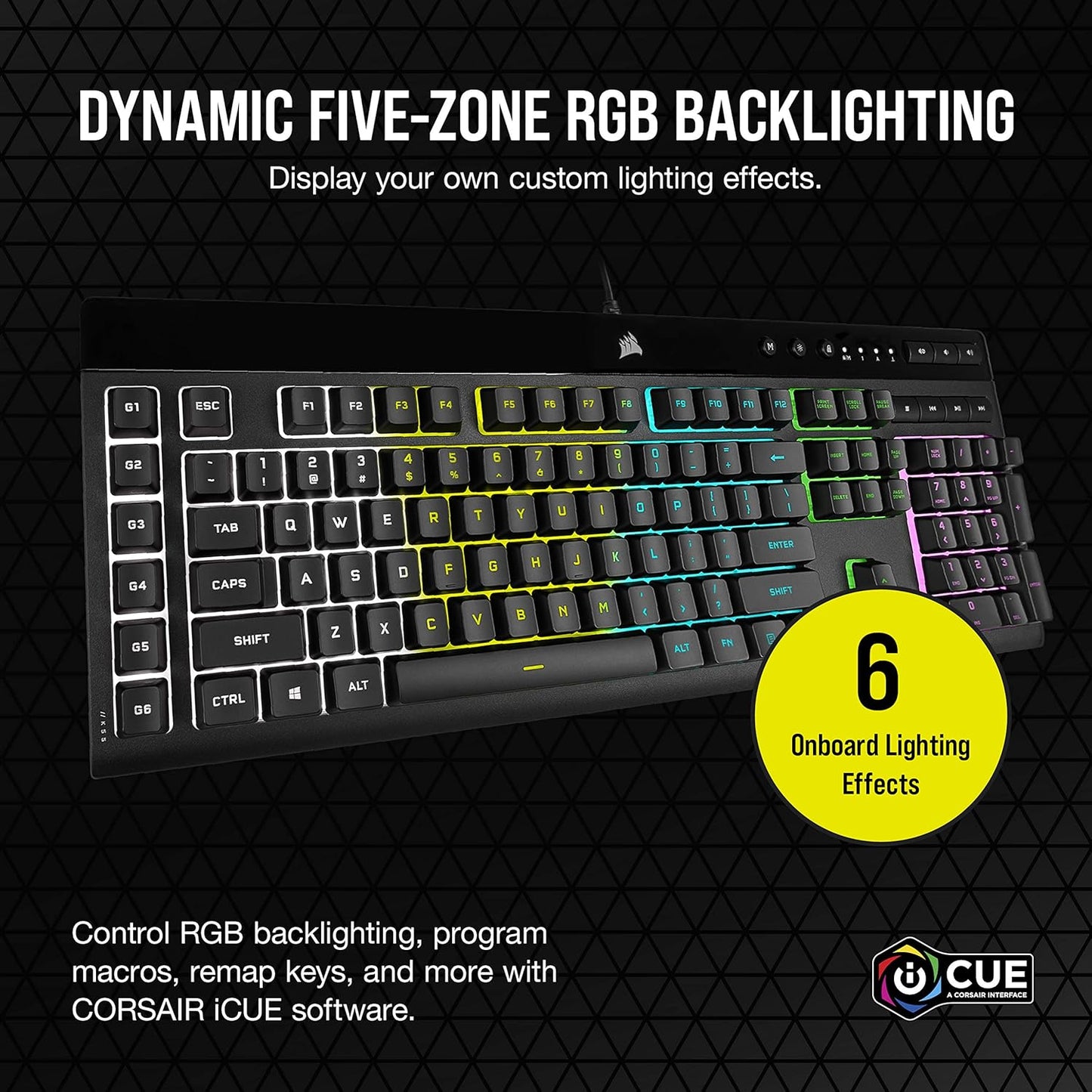 K55 RGB Pro Gaming Keyboard - Dynamic RGB Backlighting, Six Macro Keys with Elgato Stream Deck Integration, IP42 Dust and Spill Resistance, Detachable Palm Rest, Dedicated Media and Volume Controls, Black