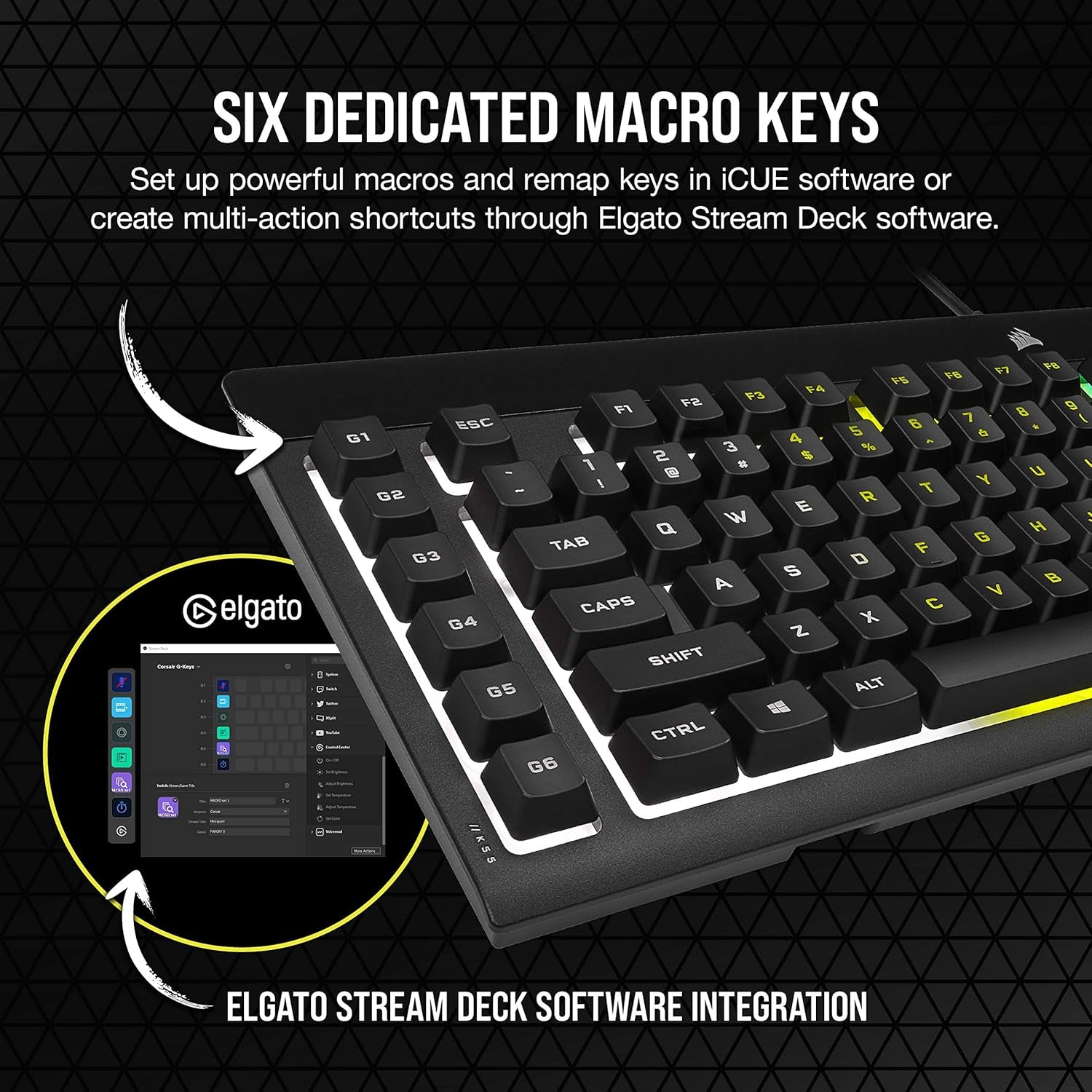 K55 RGB Pro Gaming Keyboard - Dynamic RGB Backlighting, Six Macro Keys with Elgato Stream Deck Integration, IP42 Dust and Spill Resistance, Detachable Palm Rest, Dedicated Media and Volume Controls, Black