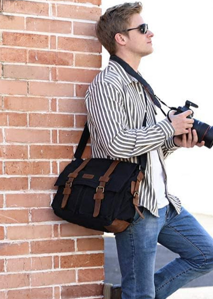 Vintage Leather and Canvas DSLR/SLR Messenger Shoulder Camera Bag