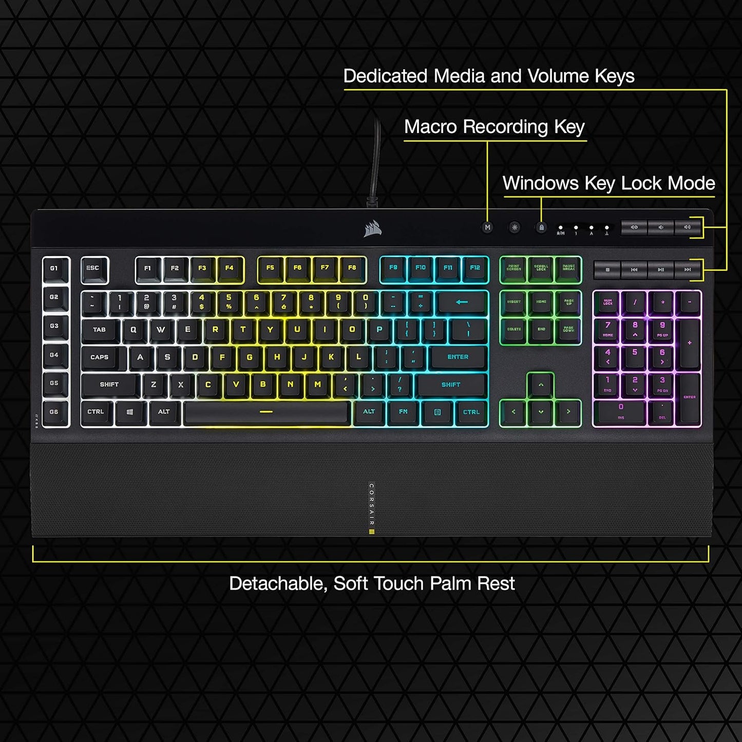 K55 RGB Pro Gaming Keyboard - Dynamic RGB Backlighting, Six Macro Keys with Elgato Stream Deck Integration, IP42 Dust and Spill Resistance, Detachable Palm Rest, Dedicated Media and Volume Controls, Black