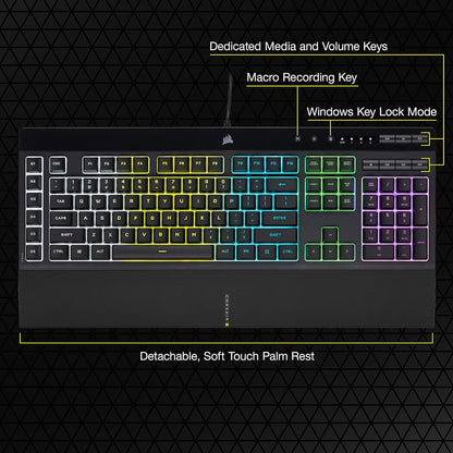 K55 RGB Pro Gaming Keyboard - Dynamic RGB Backlighting, Six Macro Keys with Elgato Stream Deck Integration, IP42 Dust and Spill Resistance, Detachable Palm Rest, Dedicated Media and Volume Controls, Black