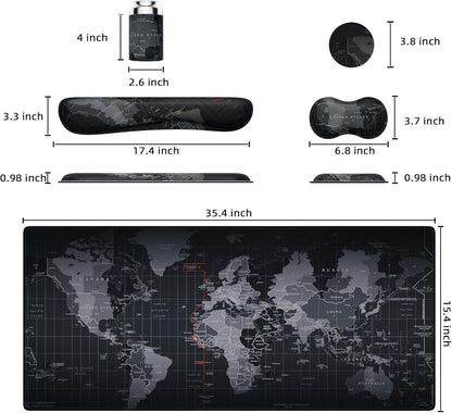 5-in-1 Ergonomic Keyboard and Mouse Pad Set with Wrist Support - Extended Gaming Mouse Pad and Keyboard Wrist Rest Combo (34.5 x 15.7 in) - Black World Map Design