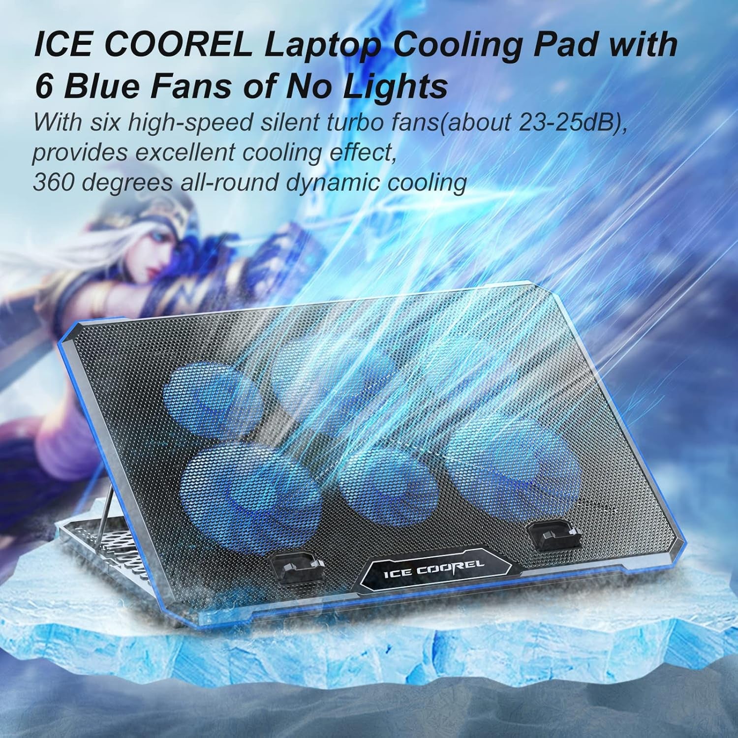 Laptop Cooling Pad with 6 Fans, Adjustable Height Notebook Cooler for 15-17 Inch Laptops, Ideal for Desk and Lap Use