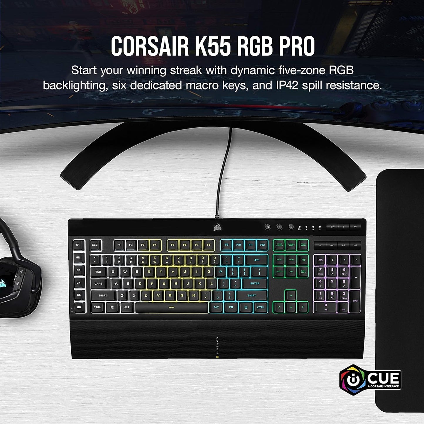 K55 RGB Pro Gaming Keyboard - Dynamic RGB Backlighting, Six Macro Keys with Elgato Stream Deck Integration, IP42 Dust and Spill Resistance, Detachable Palm Rest, Dedicated Media and Volume Controls, Black